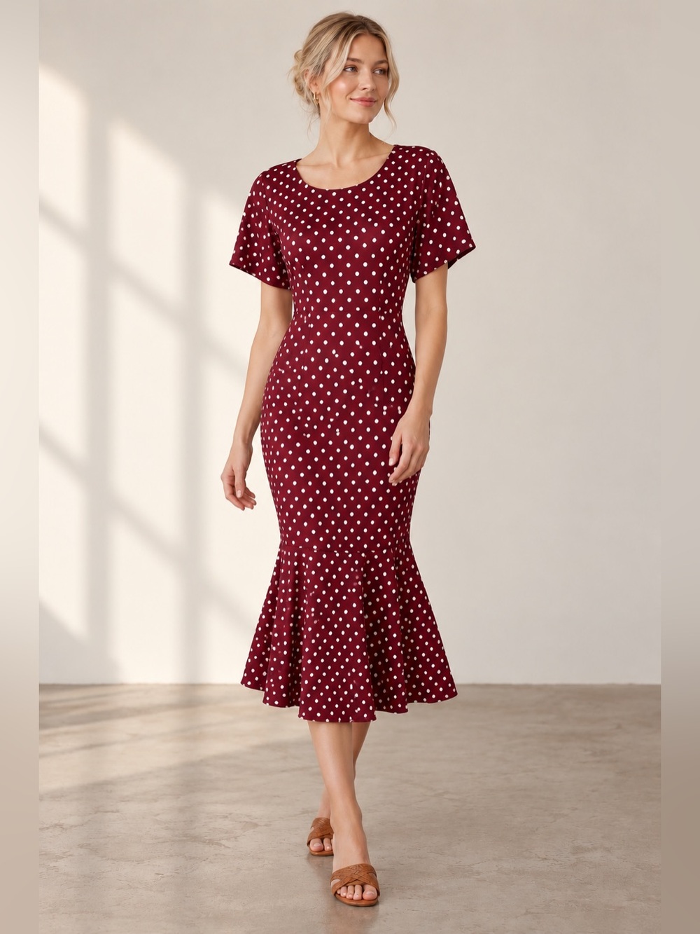 Vintage CB New York Polka Dot Midi Dress USA Burgundy White Size 16 Mermaid Hem